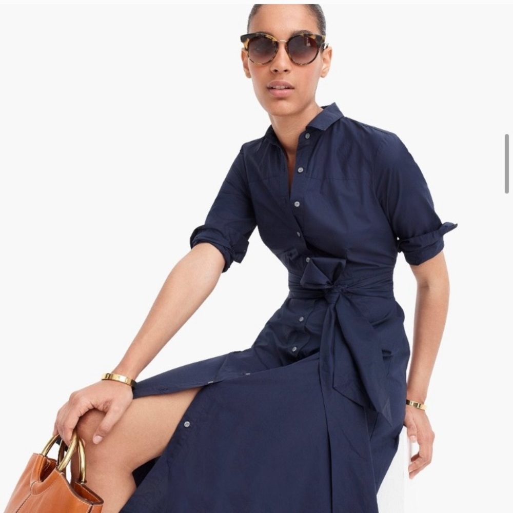 J Crew Tie-Waist Shirtdress Cotton Poplin Navy 8